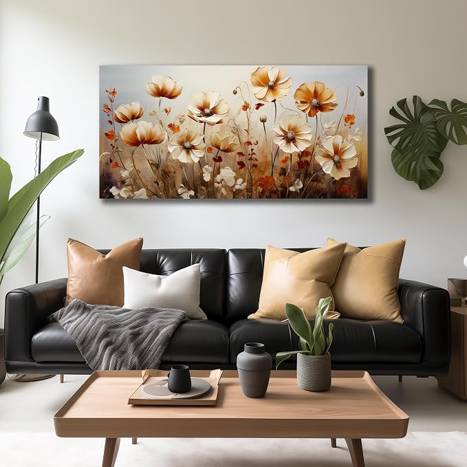 DNIEOTU Flower Canvas Wall Art for Living Room, Floral Wall-Decor for Bedroom, Beige and Brown Picture Prints for Hallway Office, Size 47 x 24 Inches
