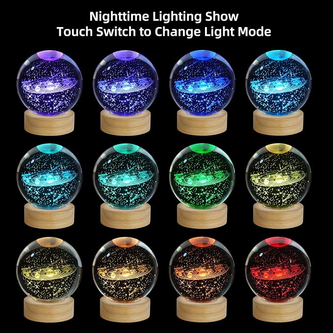 3D Solar System Crystal Ball Night Light, Upgraded 3.15 Inch Glass Ball Lamp with 16 Color LED Wooden Base, Solar System Model Desk Decor Birthday Christmas Space Gifts for Kids Friends