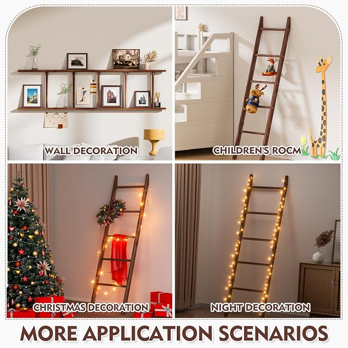 XLHOMO 5-Tier Wooden Blanket Ladder, 63" Rustic Leaning Blanket Rack for Living Room, Decorative Quilt and Towel Holder for Bedroom Bathroom Farmhouse Home Decor, Brown