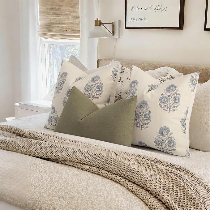 YCOLL Vintage Floral Print Pillow Covers 16x16 Set of 2 Patterned Accent Decorative Cushion Covers Modern Farmhouse Throw Pillow Covers for Sofa Couch Chair Bed Living Room Home Decor, Dusty Blue