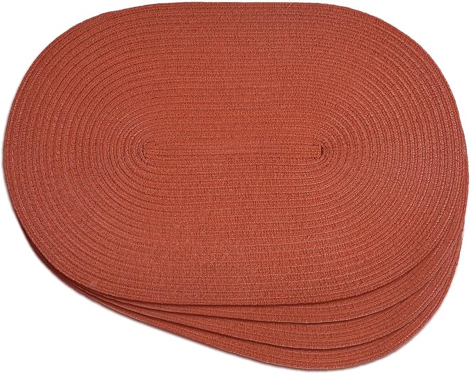 Placemats Set of 4, Woven Oval Braided Dining Table Mats(Rust Orange) | 12 x 17.5 Inch Size Fits Plates and Flatware; Hand Washable and Heat Resistant for Kitchen Use, with Farmhouse and Boho Style