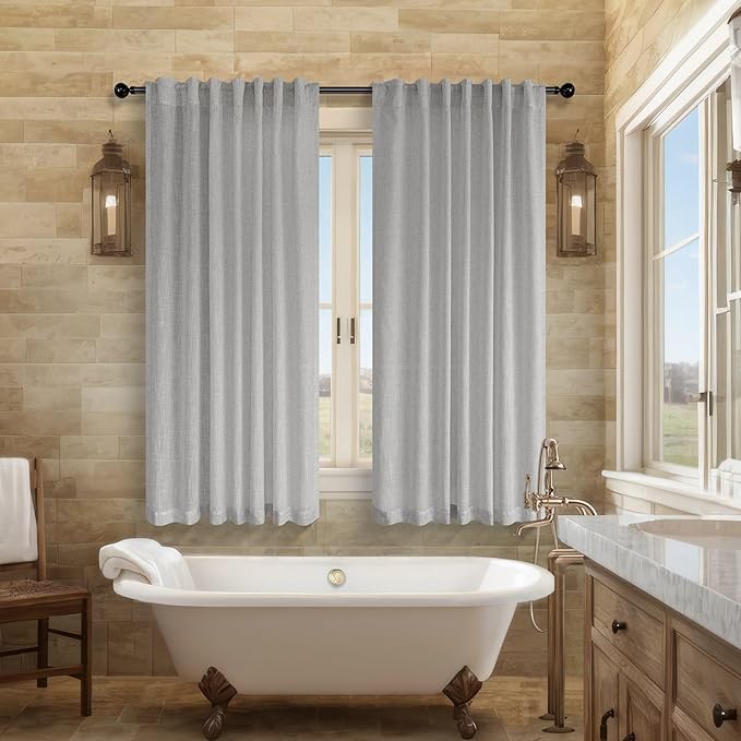 Light Grey Curtains 45 Inch Length for Kitchen Door 2 Panels Sets Rod Pocket Back Tab Loops Flax Linen Semi Transparent Opaque Short Gray Curtains for Bathroom Small Window Bedroom Contemporary Decor