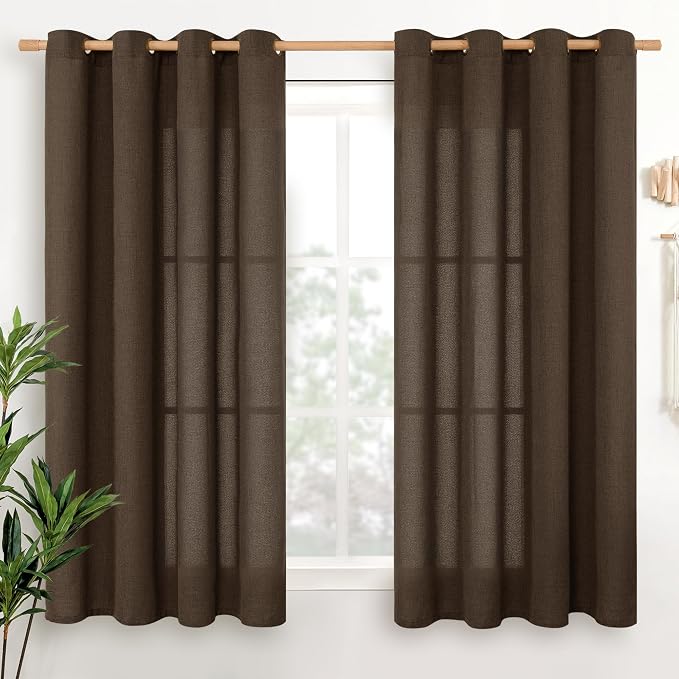 YoungsTex Short Linen Curtains 45 Inch Length for Living Room Window, Chocolate Brown Light Filtering Drapes Bronze Grommet Privacy for Kitchen Bedroom, 52 x 45 Inch, 2 Panels