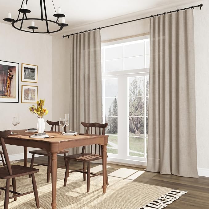 Boho Linen Curtains 108 Inches Long Rod Pocket Semi Sheer Dining Room Cozy Bedroom Decor Cotton Look Country Rustic Farmhouse Boho Curtains 2 Panel Set,52x108