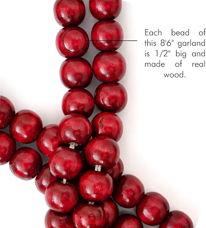 Wooden Christmas Tree Bead Garland - Cranberry Red Wood Holiday Decor 8'6"