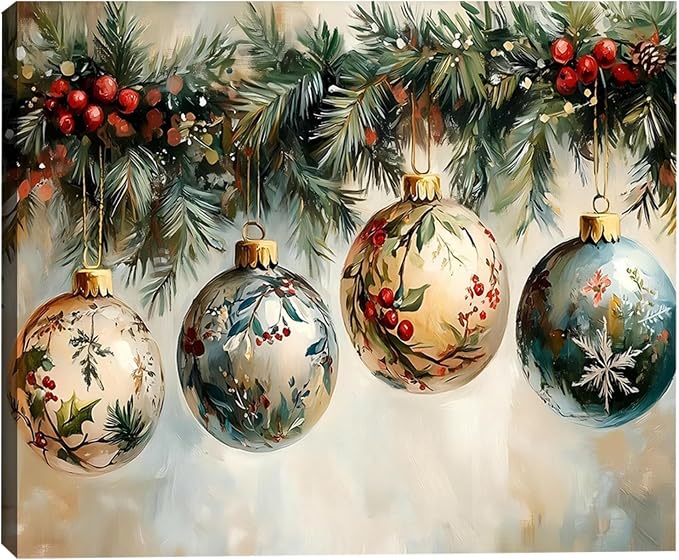 FLZYKGPA Vintage Christmas Canvas Pictures for Living Room & Bedroom Decor, Christmas Wall Decor 16x24in, Holiday Wall Art for Office, Floral Christmas Painting, Victorian Flower Holly Garland