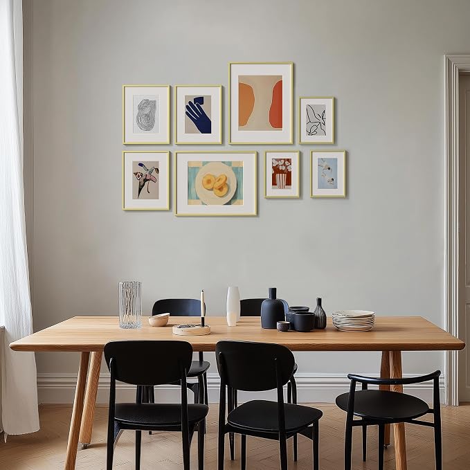 eletecpro Aluminum Gallery Wall Frame Set of 8 with Glass Cover, Gold | Including 2Pcs 11x14, 3Pcs 8x10, 3Pcs 6x8 Photo Frames, Multiple Sizes Picture Frames Collage Wall Decor or Tabletop Display