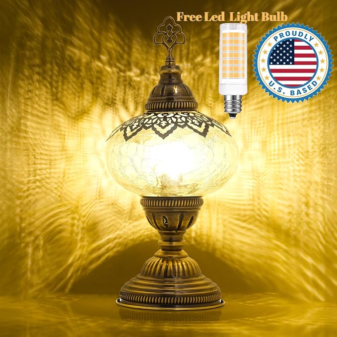 Cracked Clear Moroccan Mosaic Table Lamp – Handmade Turkish Glass, Light Bulb Included, Boho Chic Bedside & Living Room Accent