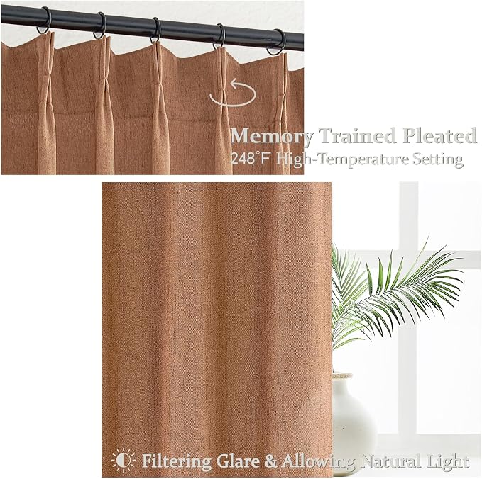 PleatedDrapes Antique Burnt Orange Sheer Autumn Curtains & Drapes 108 Inches Long 2 Panels, Light Filtering Privacy Curtain Rust Linen Blend with Hooks Rings for Living Room/Sunroom/Office,Terracotta