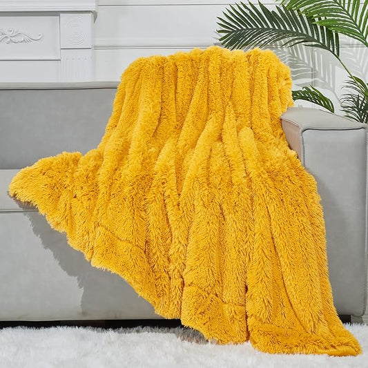 GONAAP Fuzzy Faux Fur Twin Blanket for Couch, Mustard Yellow, 60"x80" | Warm Cozy Plush Shaggy Decorative Reversible Thick Non-Heated Fleece Blanket for Sofa Bed, Gift for Women Men, All Season Use