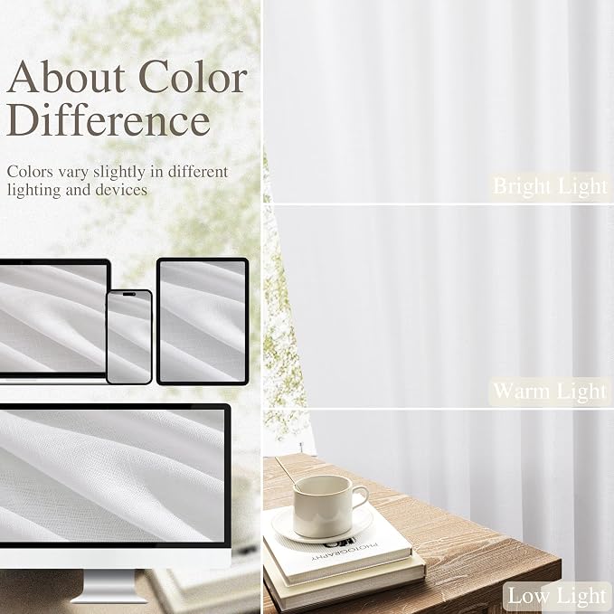 Linen Curtains 54 Inch Length for Kitchen Back Tab Rod Pocket Semi Sheer Light Filtering Short Mini Curtain Boho Modern Farmhouse Drapes for Bath Room Cafe Solid Living Room 52Wx54L White 2 Panels