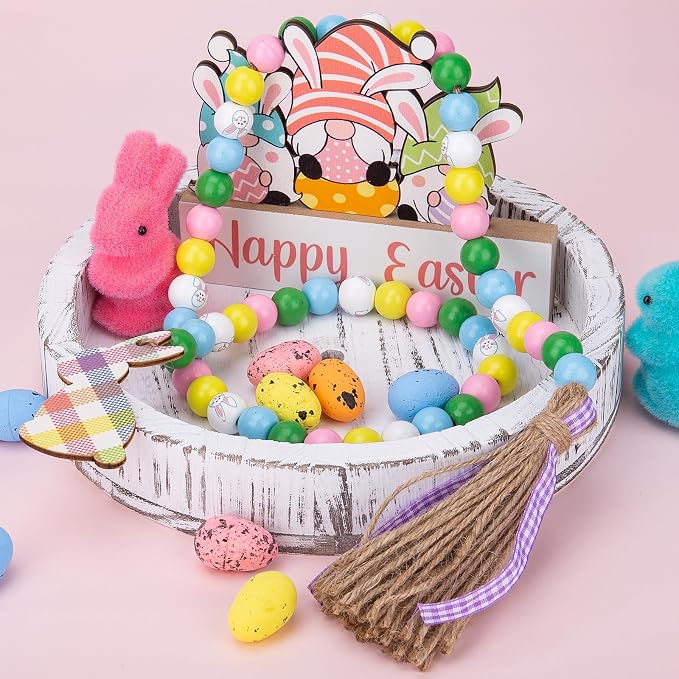 Easter Wood Bead Garland, 38.6" Spring Wood Beads Garland with Tassel, Wooden Beaded Easter Boho Decor Farmhouse Rustic Hanging Decorations for Home Room Wall Tiered Tray Shelf, Plaid Bunny