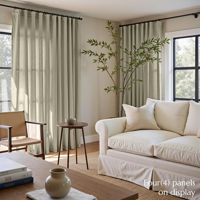 jinchan Linen Curtains Light Filtering Back Tab 50x96 Inch 2 Panels Green | Semi Sheer Curtains 96 inch length for Bedroom Living Room, Modern Farmhouse Drapes with Rod Pocket, Natural Boho Curtains