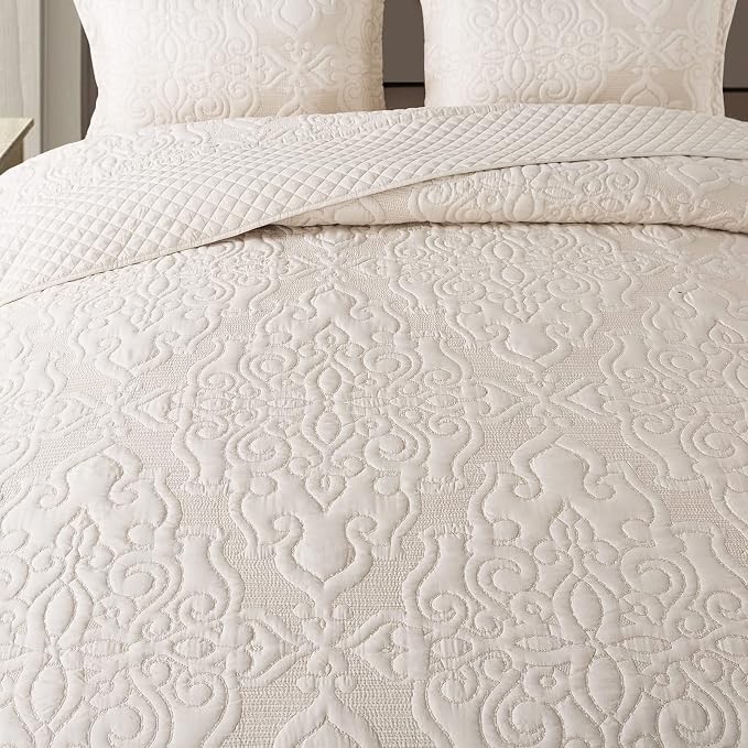NEWLAKE Quilt Bedspread Set, Beige Jacquard Embossed Floral Pattern Reversible Embroidered Microfiber Coverlet Sets, Queen Size