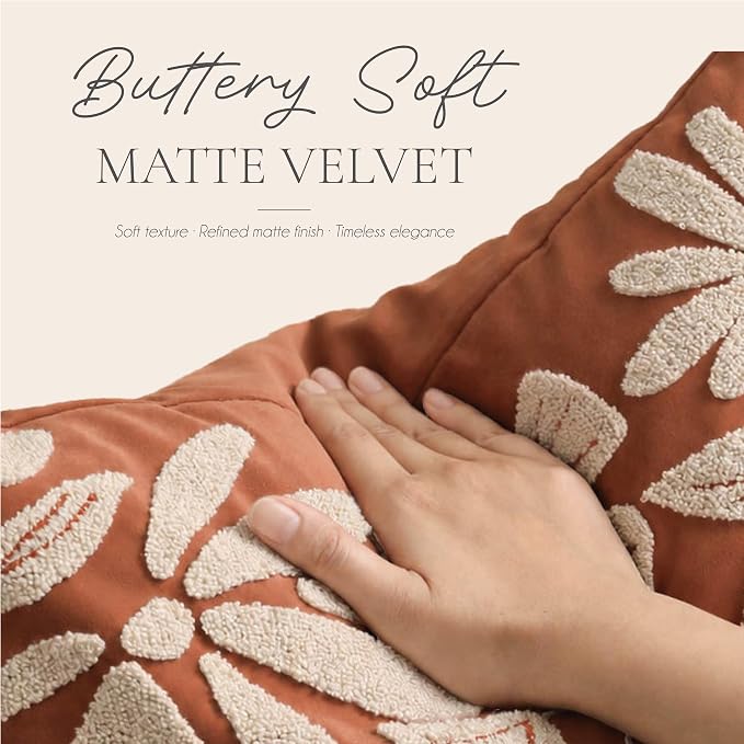 BlissBlush Lumbar Pillow Cover 12x20 Inch, Rust Terracotta Floral Tufted Velvet Decorative Accent Pillow Case for Sofa Bed Living Room, Cover Only