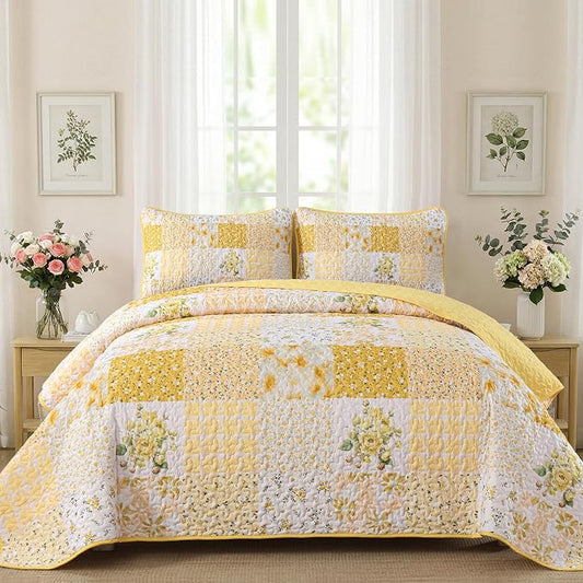 Mybedsoul Boho Quilts Queen Size, Patchwork Reversible Bedding Set, Yellow | Soft Lightweight Microfiber Floral Coverlet Set, 3 Pieces Plaid Bedspread, Bed Sets for All Seasons 96"x90"