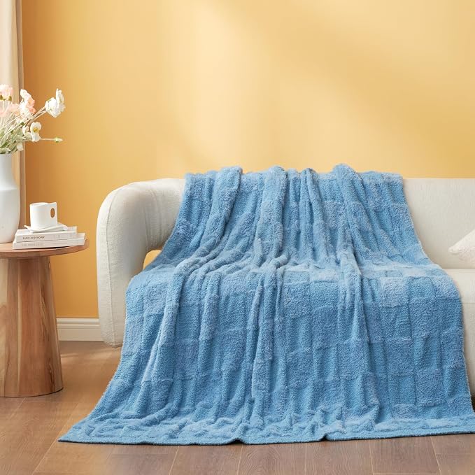 Snuggle Sac Faux Fur Throw Blanket for Couch,Knitted with Microfiber Fancy Yarn Blanket, Cozy Soft Warm Blankets for Sofa, Bedroom, Living Room, Solid Blue,50x60 inches