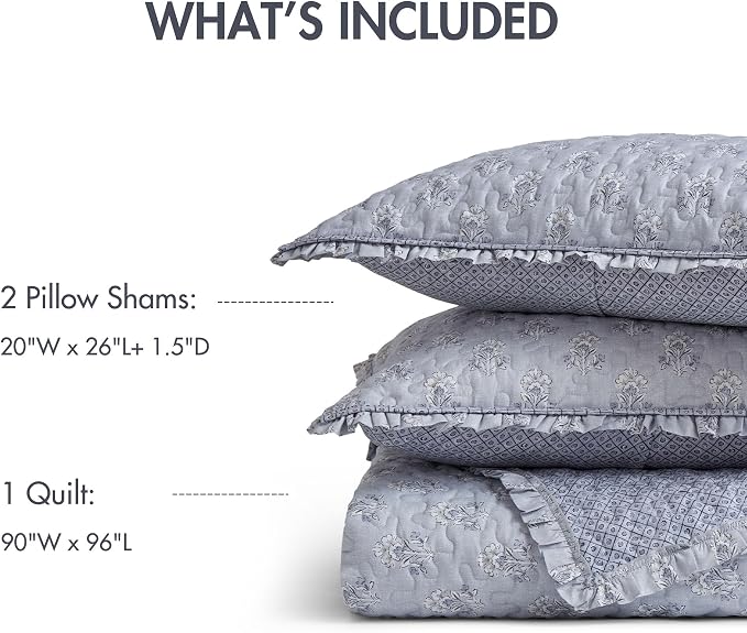 Madison Park Vintage Floral Quilt Set, 3PC Queen Reversible Bedding Set | Lightweight Bedspread Set with 2 Shams, Traditional Block Print Coverlets with Ruffled Edge, Grayish Blue