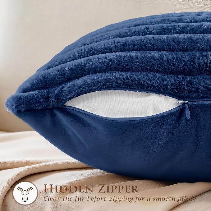 Pack of 2 Throw Pillow Covers 18x18 Decorative Solid Plush Faux Fur with Soft Velvet Back, Square Striped Cushion Cases Modern Farmhouse Home Decor for Living Room Couch Sofa Bed Navy Blue