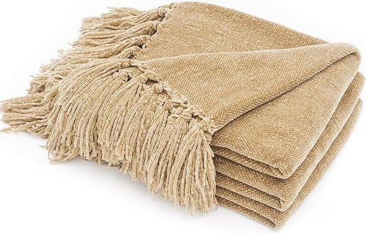 RECYCO Chenille Throw Blanket for Couch, 60"x80", Beige | Super Soft Knit Throw Blanket with Fringe Tassels, Lightweight Knitted Throw, Cozy, Ideal for Sofa Chair Bed Living Room Gift