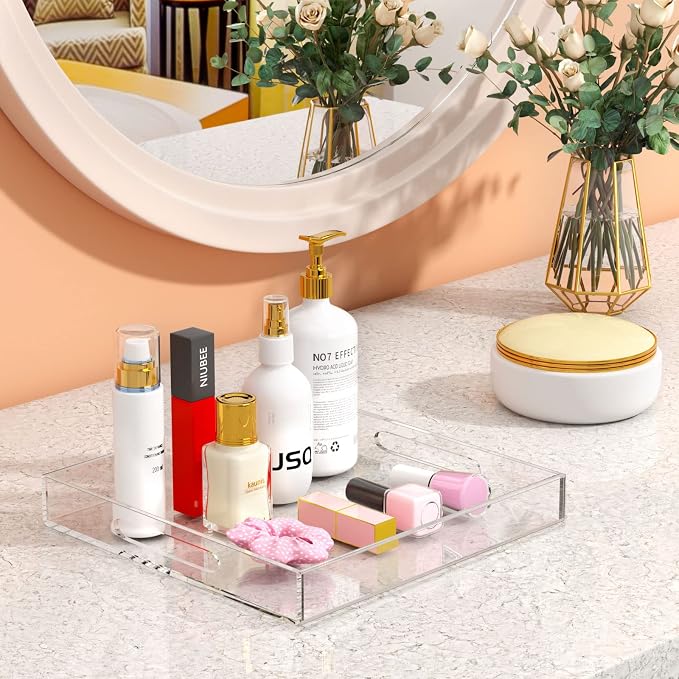 NIUBEE Acrylic Serving Tray 10x10 Inches -Spill Proof- Clear Decorative Tray Organiser for Ottoman Coffee Table Countertop with Handles