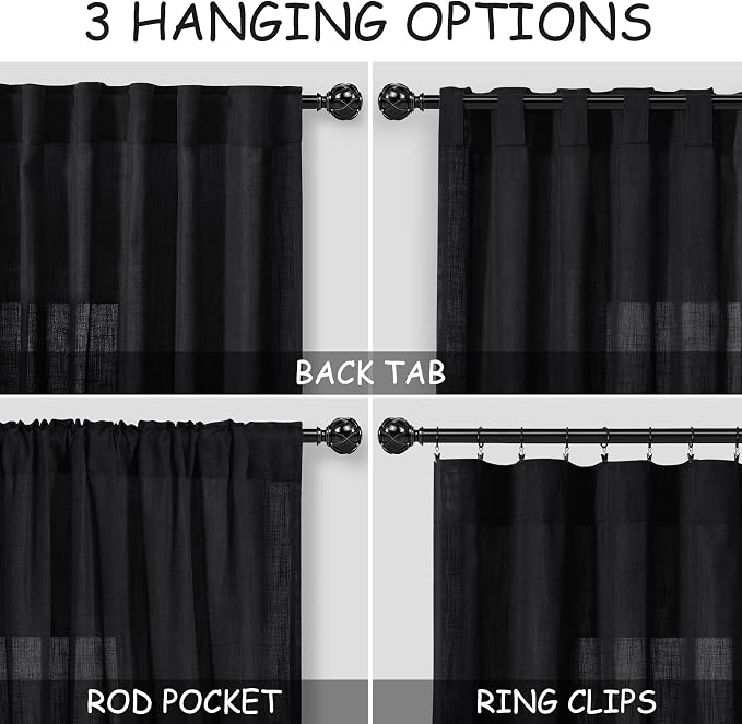 Black Linen Curtains 63 inches Long for Bedroom Back Tab Semi Sheer Curtains Mini Small Window Modern Decor Cotton Textured Gauze Curtain for Bathroom Kitchen Door Basement 2 Panel Set 38x63