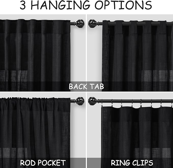 Black Boho Curtains for Bedroom Back Tab Rod Pocket Semi Sheer Linen Curtains 90 Inches Long 2 Panel Set Light Filtering Neutral Farmhouse Lightweight Drapes for Living Room 40x90 Inches