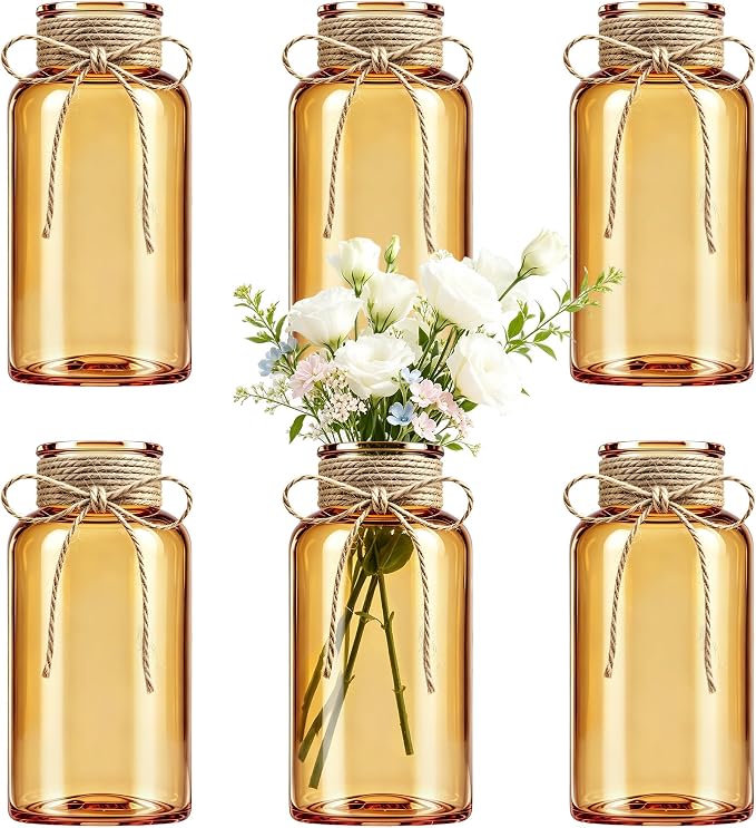 Mason Jar Glass Vases 6 Pack, Amber Flower Vase for Centerpieces | Rustic Farmhouse Home Decor, Bud Vase with Twine, Wedding Table Decoration, Boho Floral Arrangement, Vintage Jars Bulk