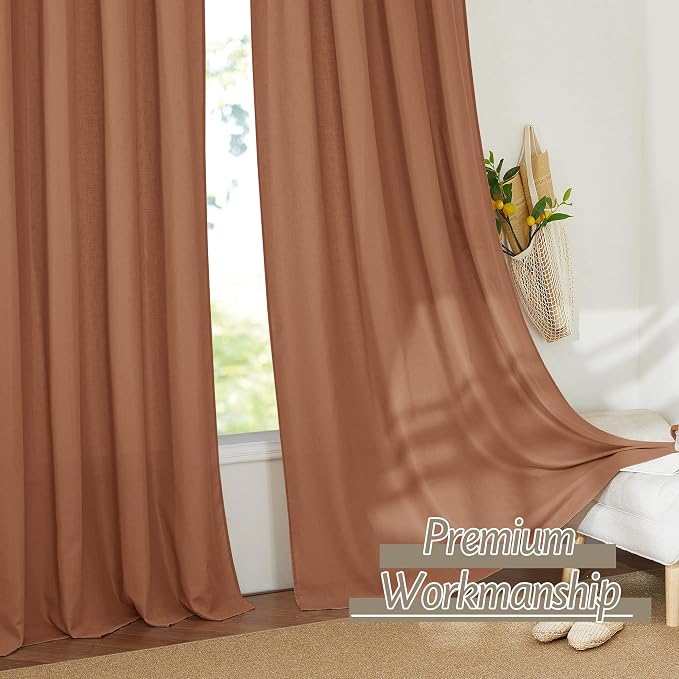 RYB HOME Linen Sheer Curtains 2 Panels for Living Room, Semi Transparent Privacy Drapes with Rod Pocket Farmhouse Style Window Treatments for Bedroom, Brunt Orange, 52" W x 90" L