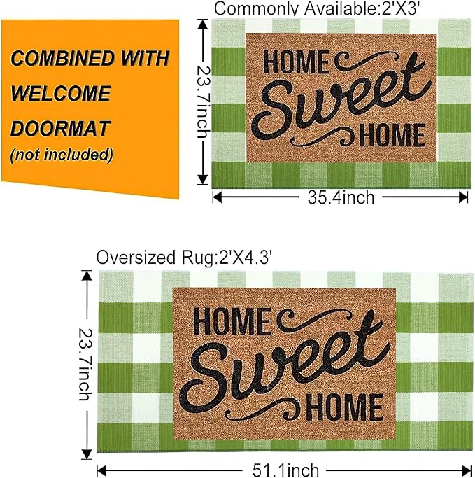 Buffalo Plaid Outdoor Rug 24''x51''Green and White Checkered Front Porch Rug Cotton Woven Washable Door Mat Outdoor for Layered Hello Welcome Door Mat Farmhouse Entryway