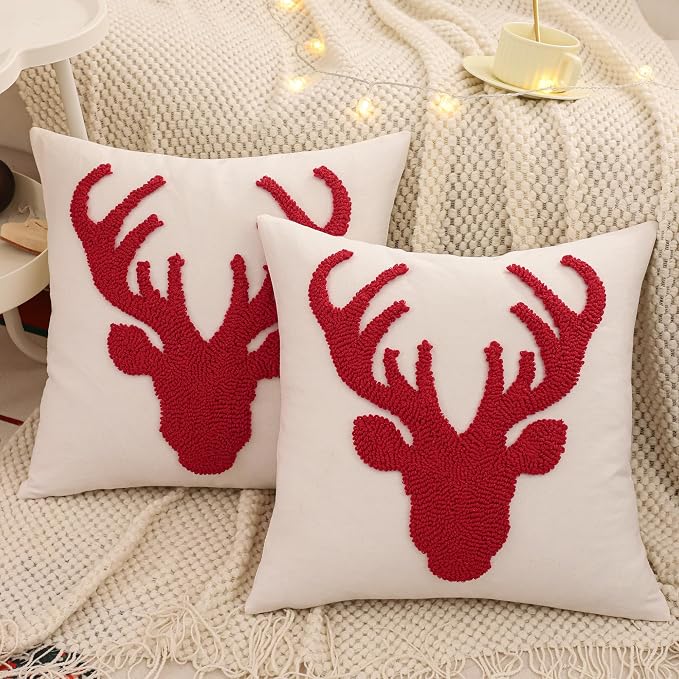 LUOYEHK Christmas Red Reindeer Pillow Covers 18x18 Set of 2 Farmhouse Rustic Throw Pillows Winter Holiday Merry Christmas Cushion Covers for Couch Sofa Bed