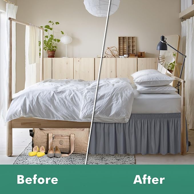 Wrap Around Full Size Bed Skirt Split Corners 17" Drop-Elastic Dust Ruffle | Dark Grey Adjustable Pleated Bedskirt-Easy Fit Wrinkle Resistant Washable Bed Skirting-Hotels Apartment Guest Bedroom Canopy