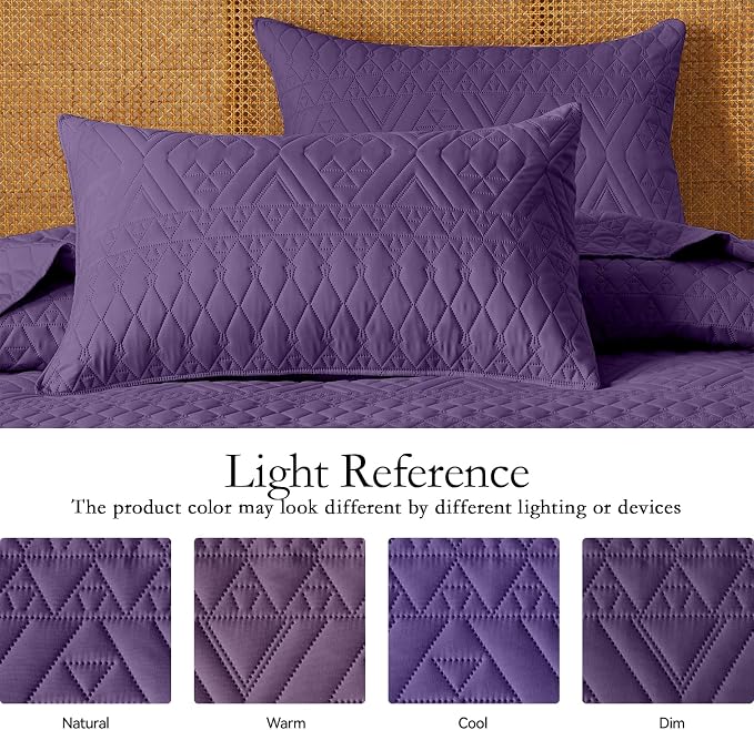 akkialla Full/Queen Quilt Set, Purple Lightweight Microfiber Bedspread Coverlet, Boho Geometric Pattern, Soft All-Season Bedding, 3-Piece (1 Quilt, 2 Pillow Shams)