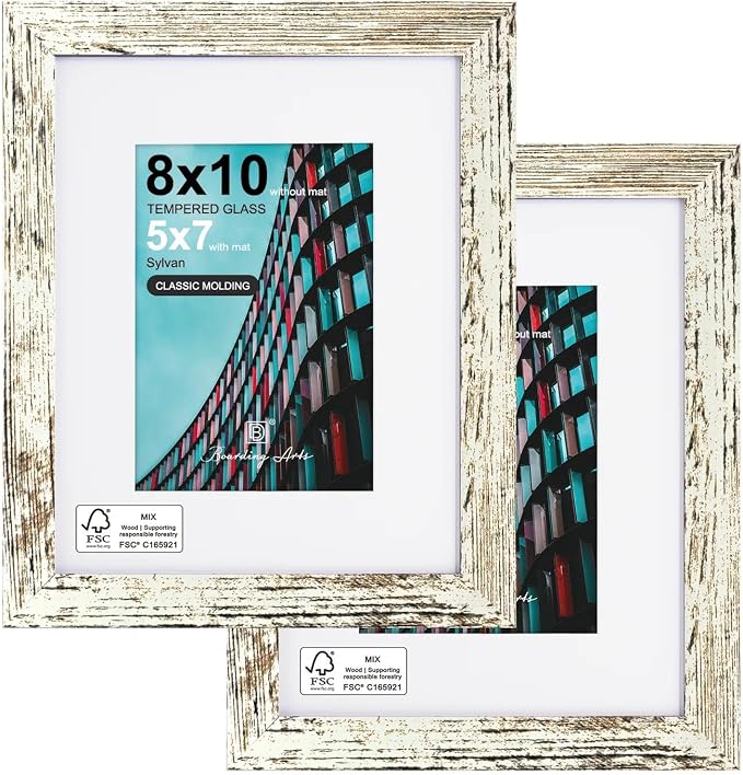 8x10 Picture Frame-Vintage White,5x7 Mat,Tempered Glass,Engineered Wood
