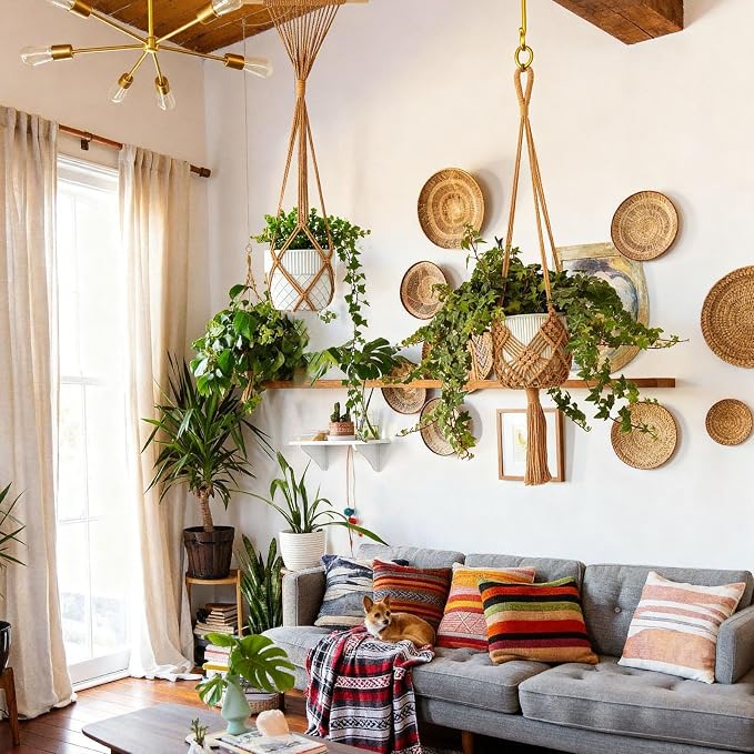 4 Pack Macrame Plant Hangers Indoor Up to 10 inch Pot, Boho Hanging Planters, Plant Holder with 8Pcs Stainless Steel Hooks