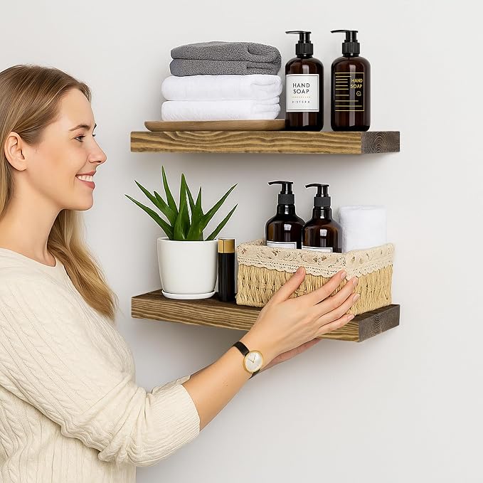 BGMG Wood Floating Shelves for Wall 18 inch Set of 2, Rustic Wooden Wall Mount Shelves for Bathroom Living Room Bedroom Kitchen Farmhouse -18x 6.7 x1.25 inch- Walnut Color