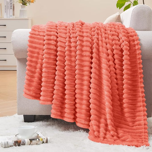 BEDELITE 3D Ribbed Coral Red Fleece Throw Blanket for Couch, 50x60 Inch | Soft Warm Decorative Fluffy Blanket, Cozy Plush Lightweight Fuzzy Throw Blanket for Bed Sofa Home Room Decor, Gift for Women