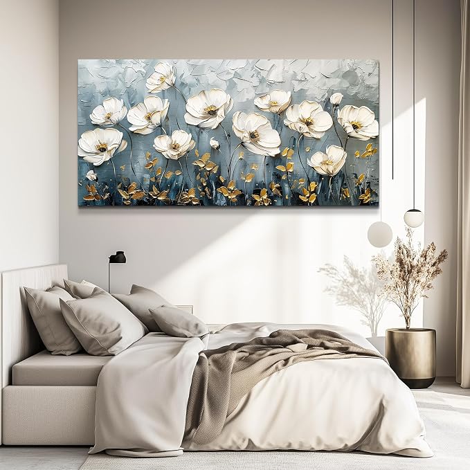 QIYILEXWART Canvas Wall Art For Living Room Large Wall Decor For Office Bedroom Decorations Textured White Flower Landscape Pictures Farmhouse Painting Artwork Room Wall Mural Aesthetic Home Decor 30x60 In