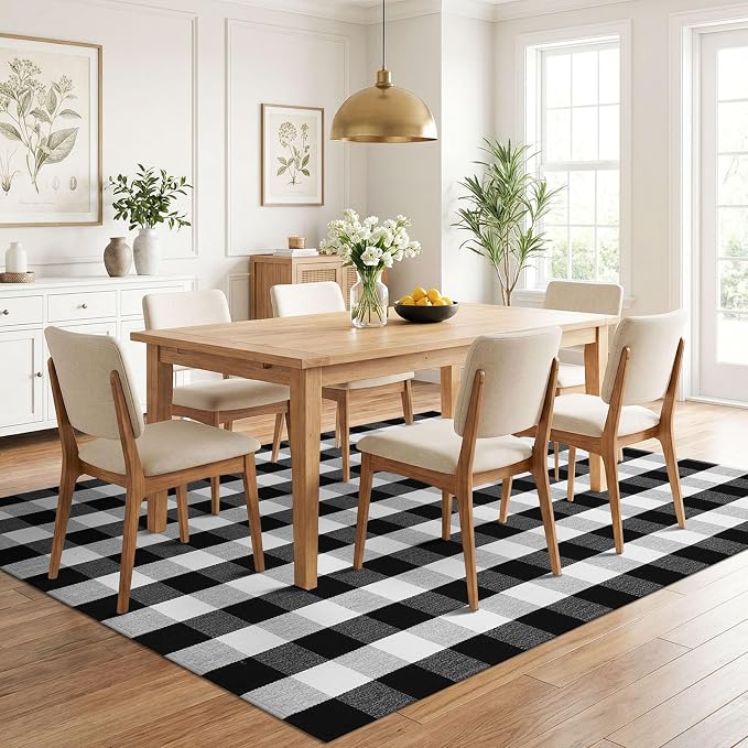 KILOCOCO Buffalo Plaid Checkered Rug 5x7 ft Black White Living Room Rug | Machine Washable Rug for Front Porch, Indoor Outdoor Rugs, Cotton Dining Room Carpet, Low Pile Farmhouse Bedroom Rug