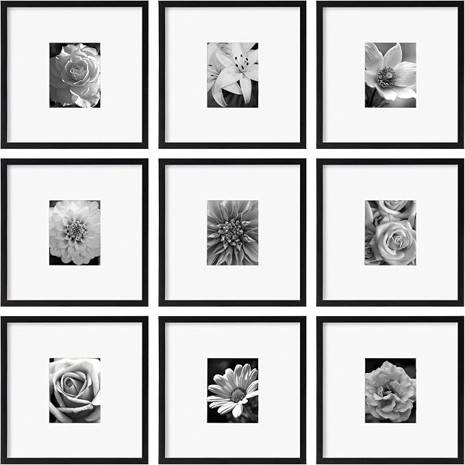 eletecpro Picture Frames Set of 9, 18x18 in, Acrylic Cover, Black | Display 8x10 with Mat or 18x18 without, Square Gallery Collage, Wall Mount, Minimalist Home Decor, Engineered Wood