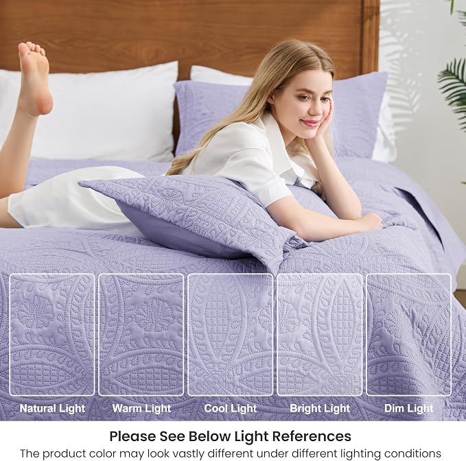 Love's cabin Quilts for Full Bed Lavender Bedspreads Bedding Set - Lightweight Bedspread Comforter - Coin Pattern Bedding Coverlet for All Season - 3 Pieces (1 Quilt, 2 Pillow Shams)