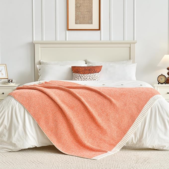 Chunky Knit Boucle Throw Blanket, Soft Washable Coastal Blanket for Bed Couch, Lightweight Cozy Oversized Feather Knit Blanket Indoor Outdoor for Sofa (Orange, Twin 60"x80")