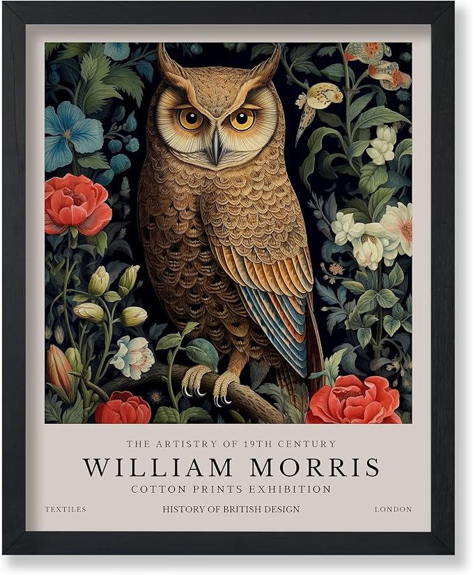 Monem Art William Morris Poster - Owl and Flowers Print - Bird Art - Botanical Artwork - Animal Exhibition Illustration - Floral Design - Aesthetic Creation - Bedroom or Office Decor - 8x10 UNFRAMED Wall Print