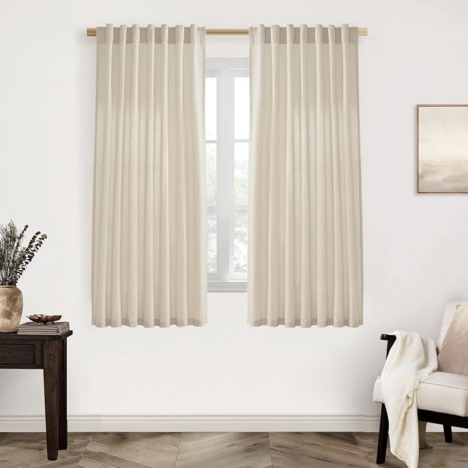 XTMYI 63 Inches Long Beige Country Curtains for Living Room,Sheer Linen Curtains for Bedroom