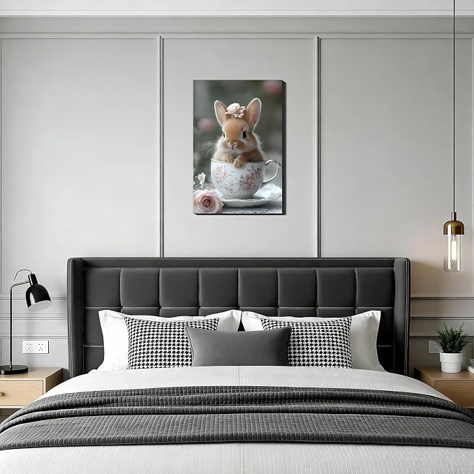 Bunny in a Teacup Easter Framed Canvas Wall Art, Cute Rabbit Pictures Prints for Kitchen, Bright Spring Canvas Art & Holiday Home Office Wall Decoration, Ready to Hang, 8x12