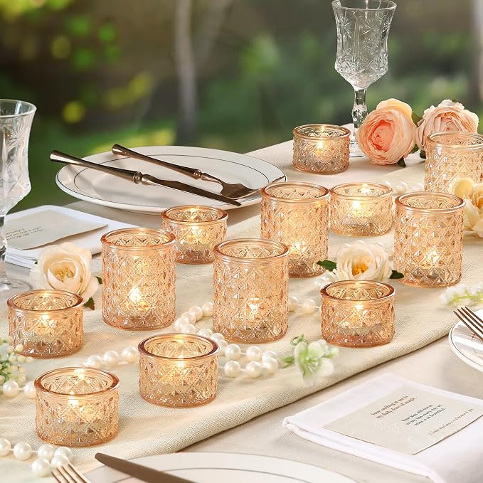 NITIME 24pcs Assorted Gold Votive Candle Holders, Tealight Candle Holders for Table Centerpiece, Green Glass Candle Holder Decor for Wedding, Party & Home Decor