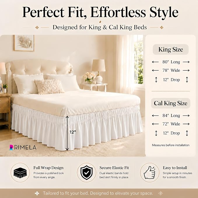Warm White Bed Skirt King Size 12" Drop, Elastic Wrap Around Bedskirt | Solid Ruffled, Easy to Use, No Mattress Lifting, Wrinkle & Fade Resistant, with Adhesive Strips, Machine Wash/Dry/Iron