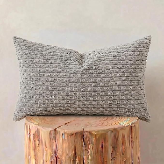 Fancy Homi Set of 2 Boho Grey Lumbar Decorative Throw Pillow Covers 12x20 Inch for Couch Bed Chair, Neutral Farmhouse Home Decor, Soft Fluffy Corduroy Rectangle Aesthetic Cushion Case 30x50 cm