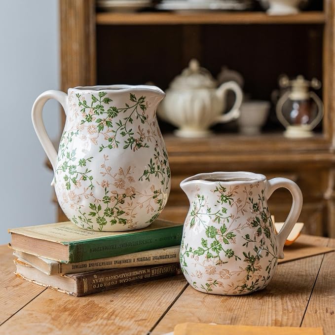 Vintage White and Green Floral Ceramic Vase with Handle, Retro Ice Glazed Crack Farmhouse Pitcher Vase for Home Decor, Living Room, Shelf, Office, Rustic Table Centerpiece 6 Inch
