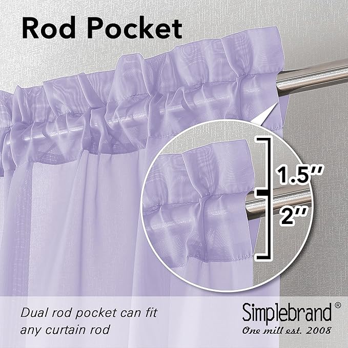 Simplebrand Lavender Sheer Curtains 72 Inches Long 2 Panels for Living Room, Rod Pockets Airy Window Treatments Voile Sheer Black Curtains Panels Lightweight for Front Back Patio Glass Door, 42" Width